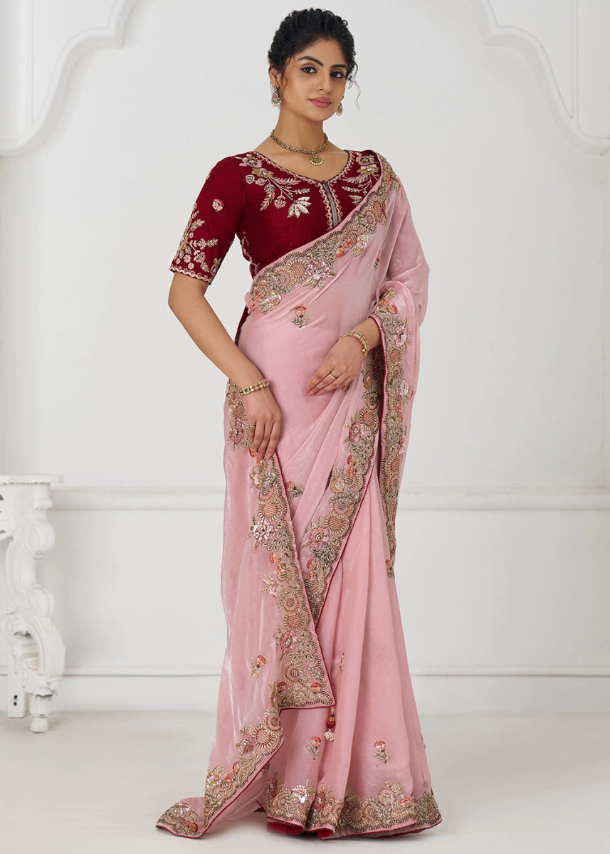 Baby Pink Silk Saree With Sequin And Zari work - House of Sarvati LLC