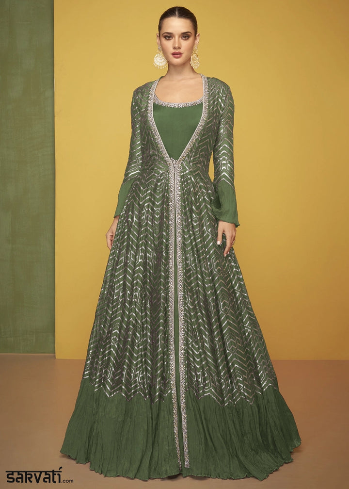 Basil Green Silk Anarkali Gown Featuring Intricate Embroidery And Stylish Long Jacket - House of Sarvati LLC