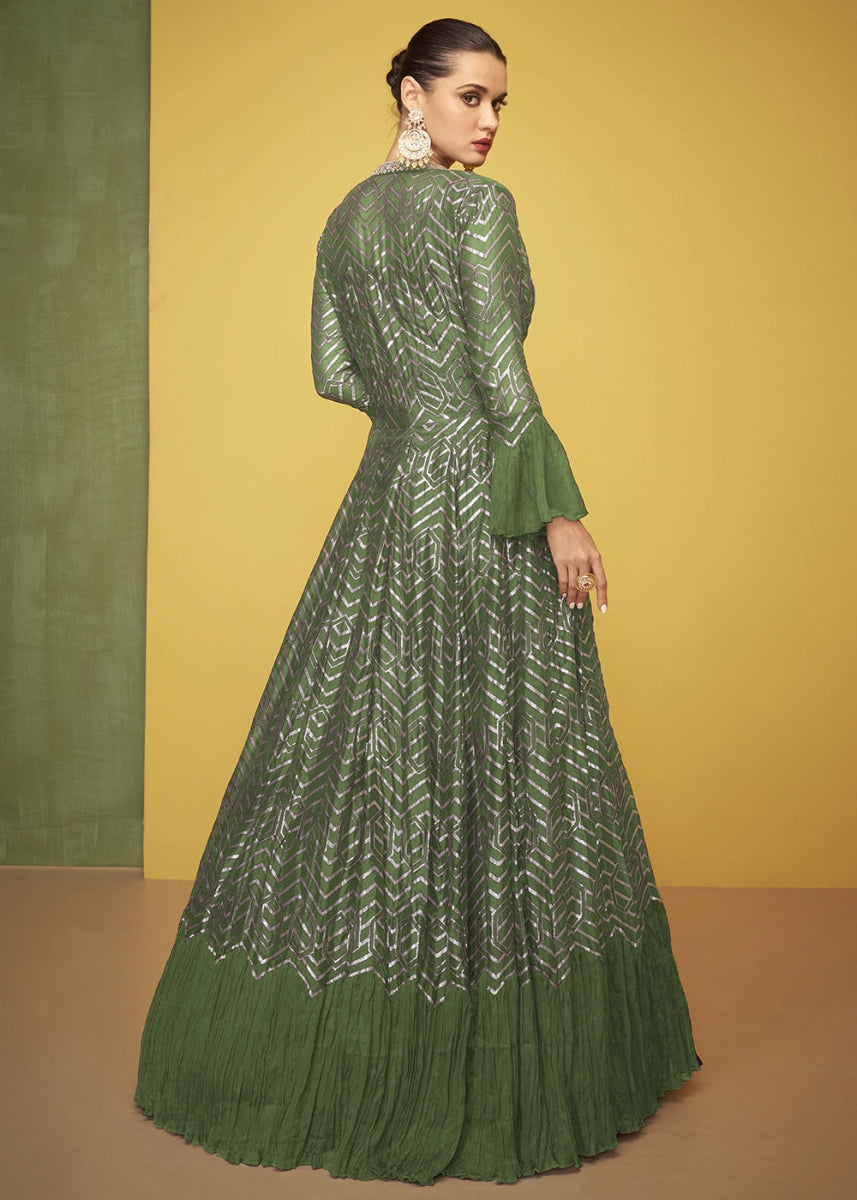 Basil Green Silk Anarkali Gown Featuring Intricate Embroidery And Stylish Long Jacket - House of Sarvati LLC
