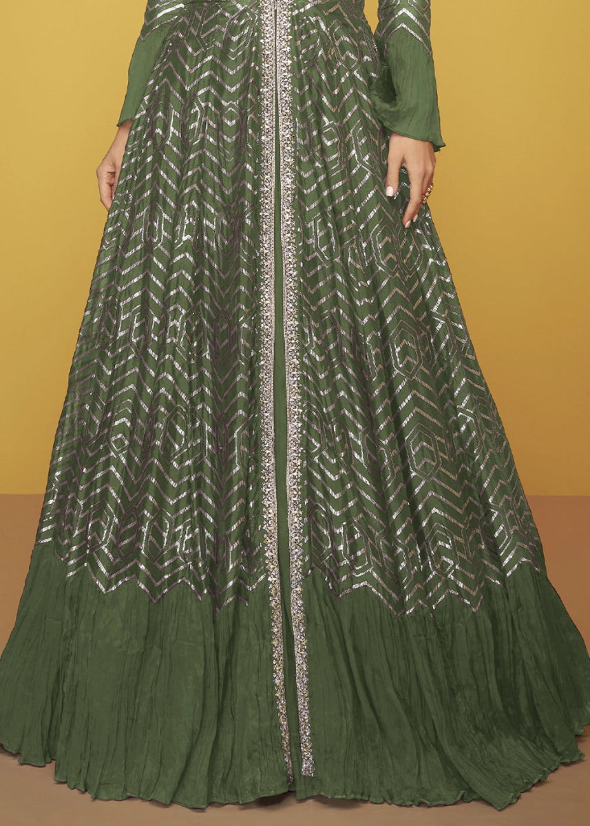 Basil Green Silk Anarkali Gown Featuring Intricate Embroidery And Stylish Long Jacket - House of Sarvati LLC