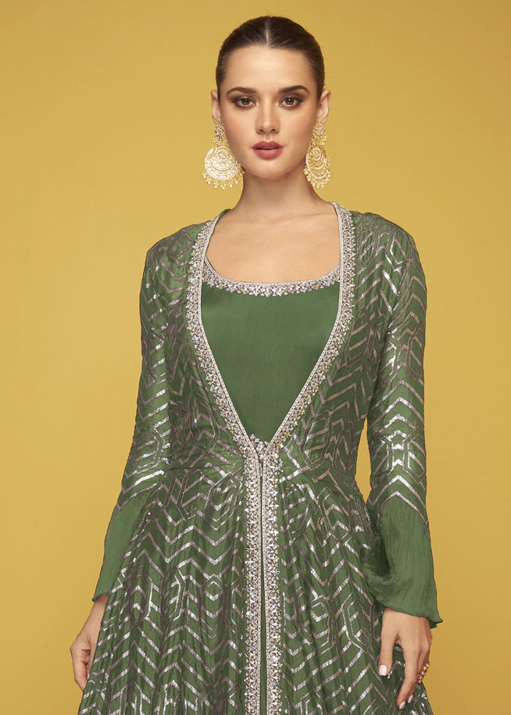 Basil Green Silk Anarkali Gown Featuring Intricate Embroidery And Stylish Long Jacket - House of Sarvati LLC