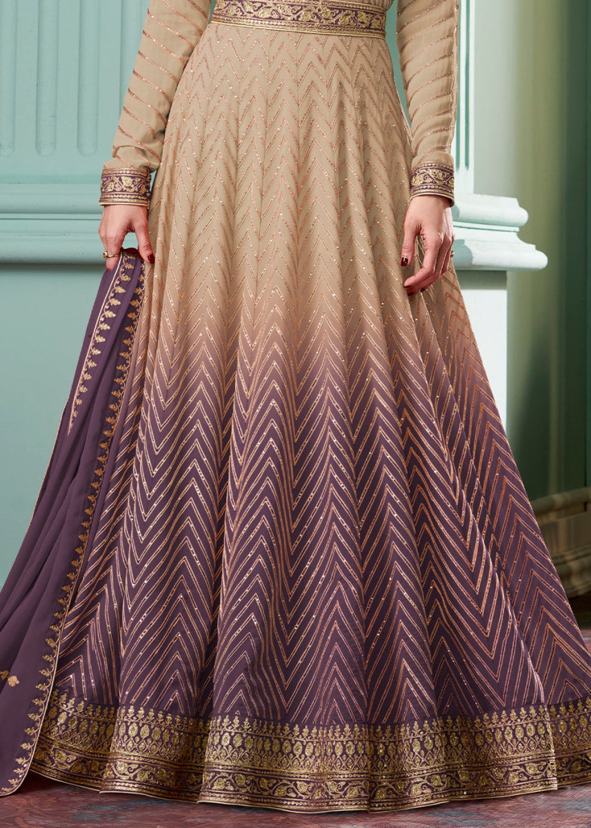 Beige Brown and Dark Purple Georgette Anarkali Gown with Intricate Embroidery - House of Sarvati LLC