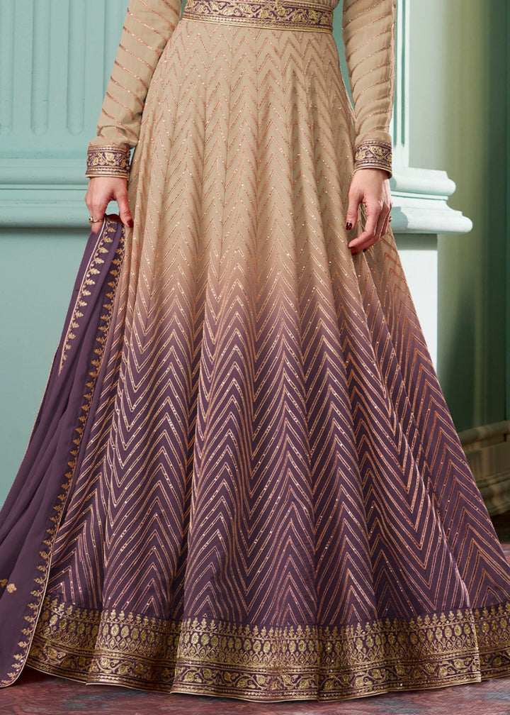 Beige Brown and Dark Purple Georgette Anarkali Gown with Intricate Embroidery - House of Sarvati LLC