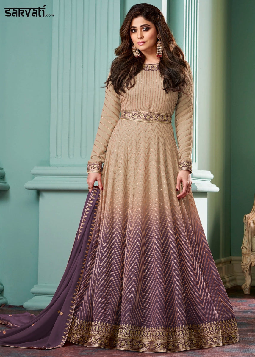 Beige Brown and Dark Purple Georgette Anarkali Gown with Intricate Embroidery - House of Sarvati LLC