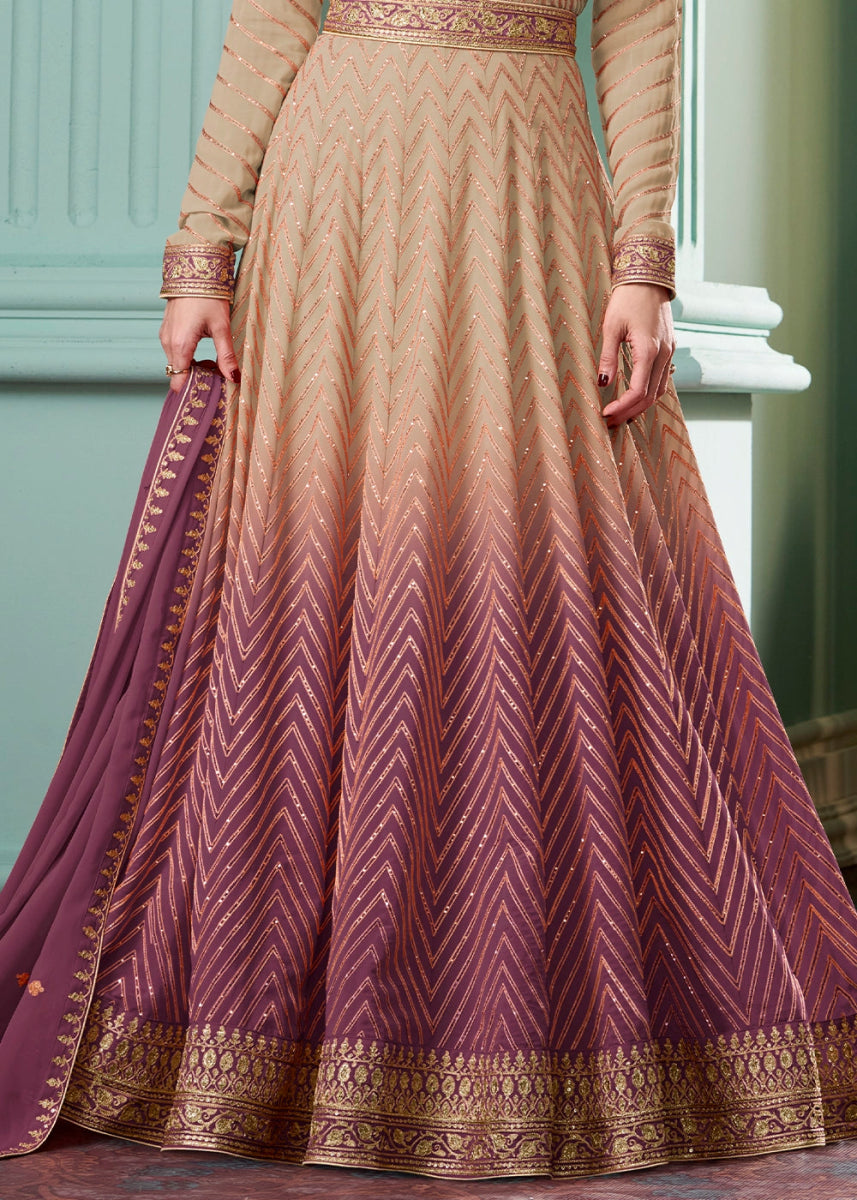 Beige Brown and Purple Georgette Anarkali Gown with Intricate Embroidery - House of Sarvati LLC