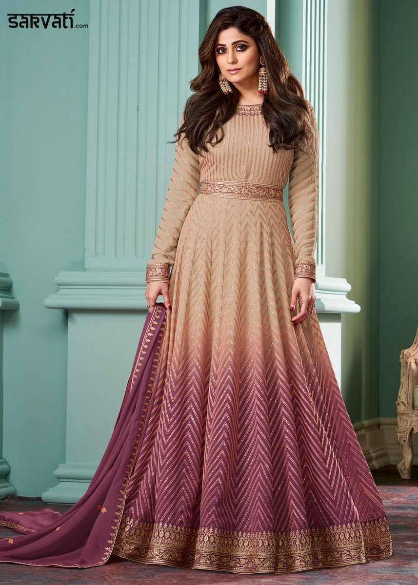 Beige Brown and Purple Georgette Anarkali Gown with Intricate Embroidery - House of Sarvati LLC