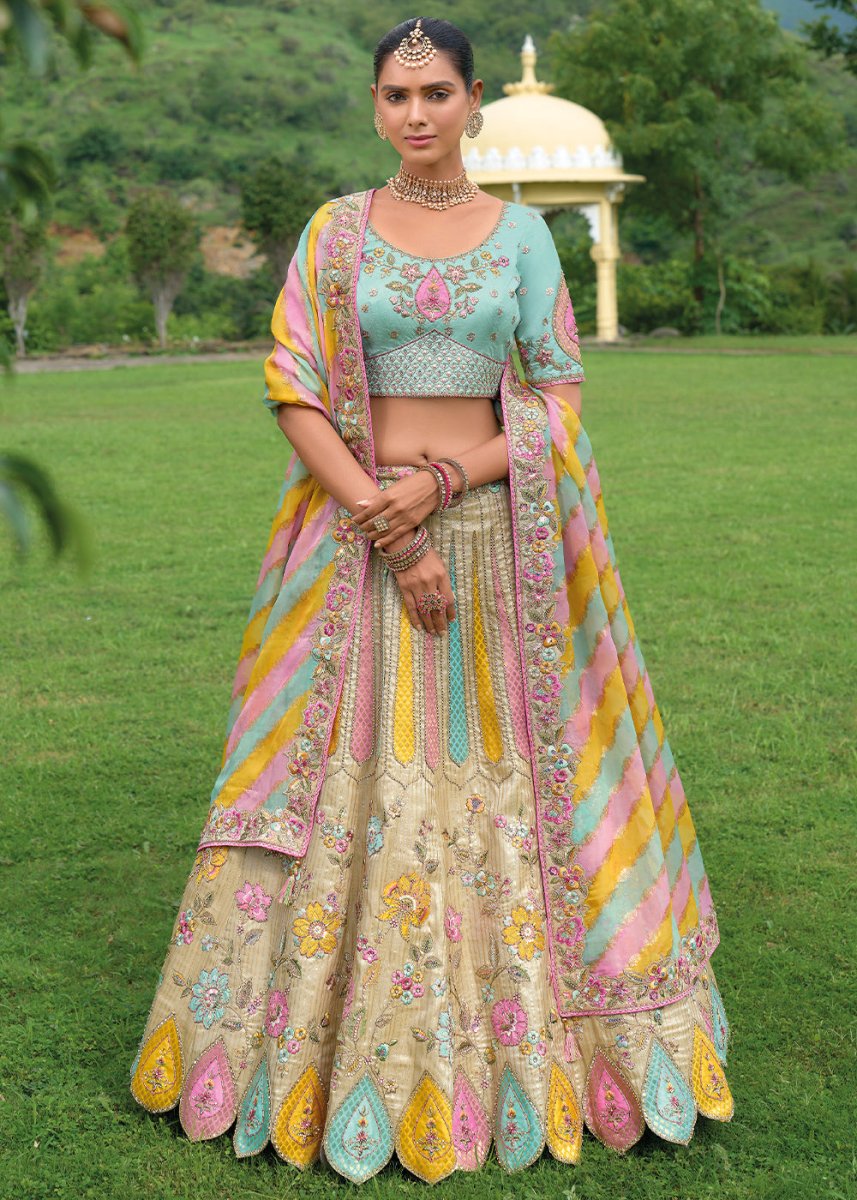 Beige Brown Banarasi Silk Lehenga with Heavy Khatli & Embroidery Work - House of Sarvati LLC