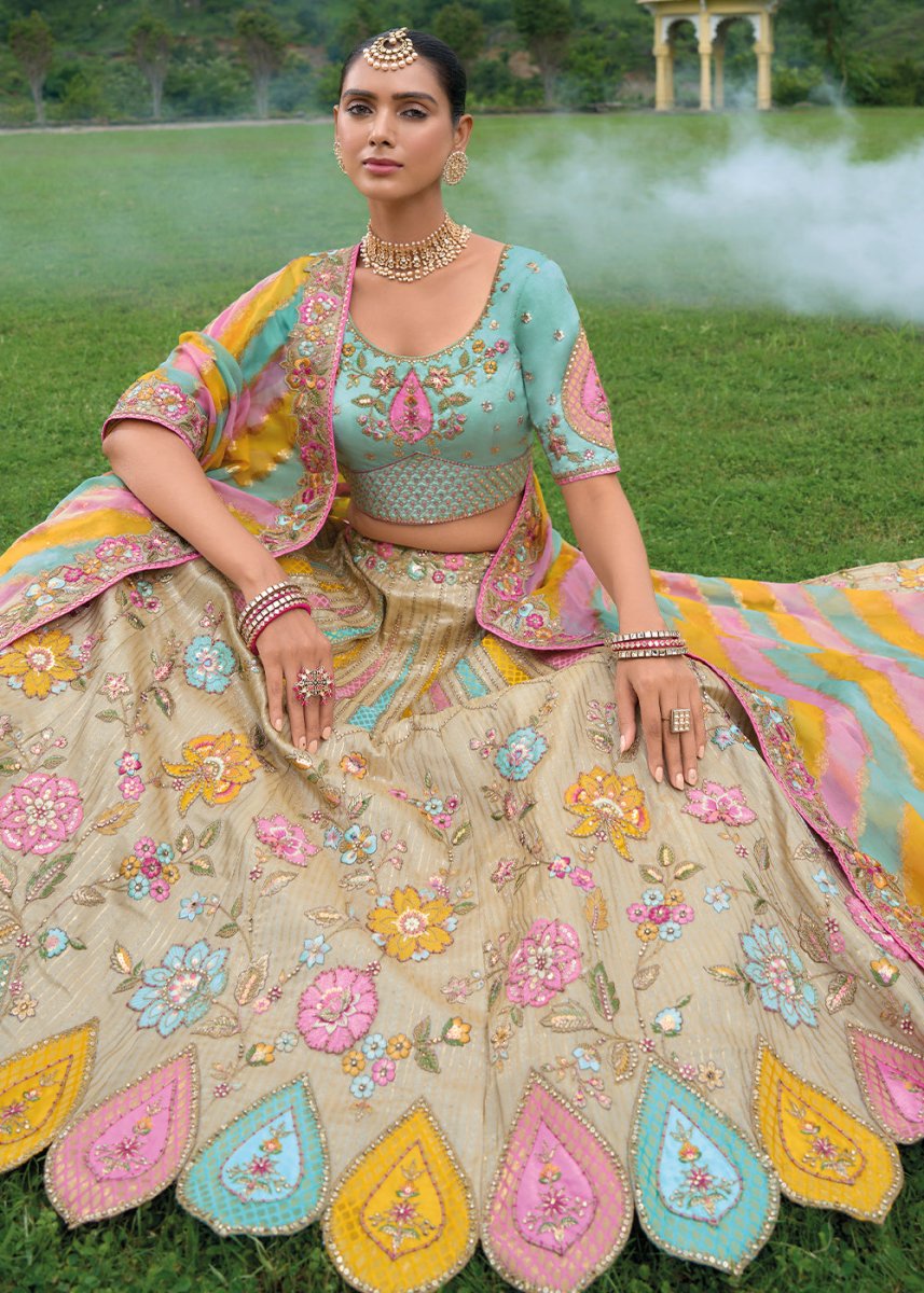 Beige Brown Banarasi Silk Lehenga with Heavy Khatli & Embroidery Work - House of Sarvati LLC