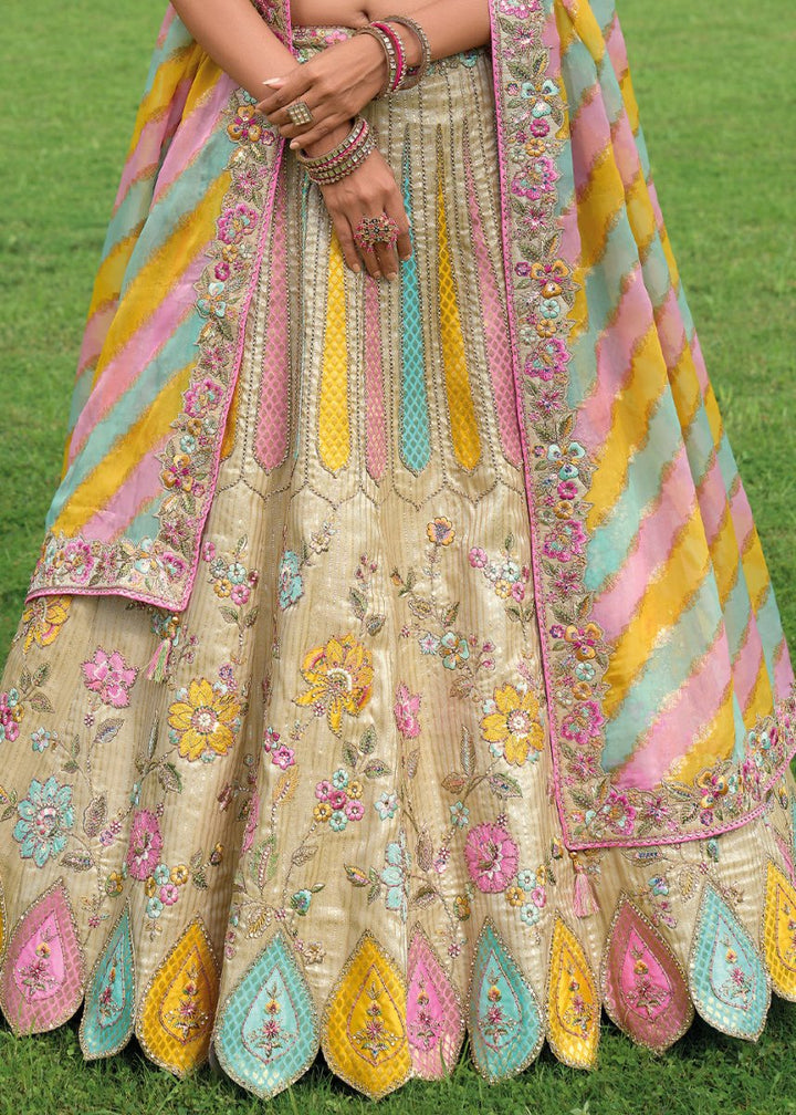 Beige Brown Banarasi Silk Lehenga with Heavy Khatli & Embroidery Work - House of Sarvati LLC