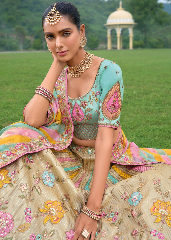 Beige Brown Banarasi Silk Lehenga with Heavy Khatli & Embroidery Work - House of Sarvati LLC