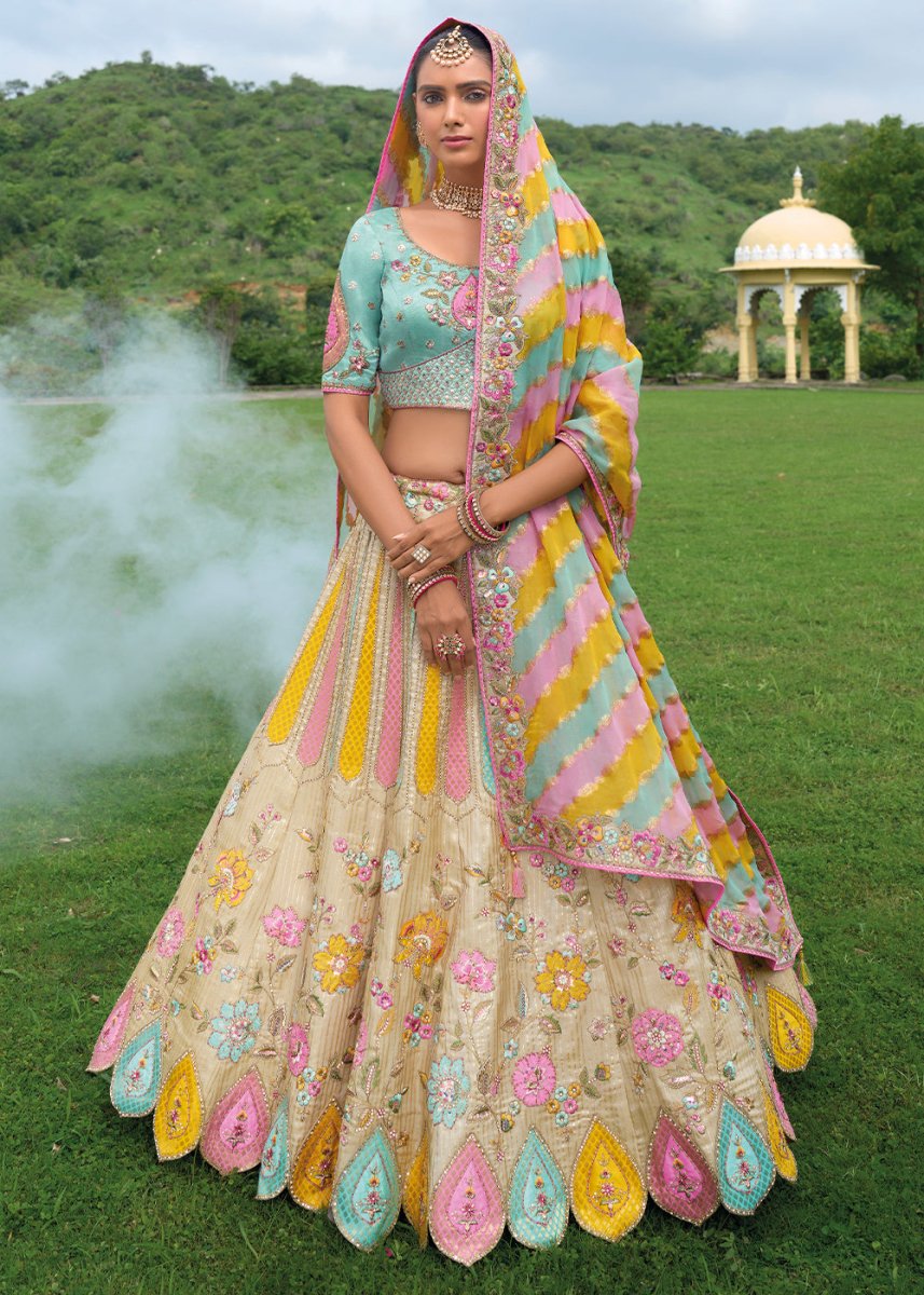 Beige Brown Banarasi Silk Lehenga with Heavy Khatli & Embroidery Work - House of Sarvati LLC