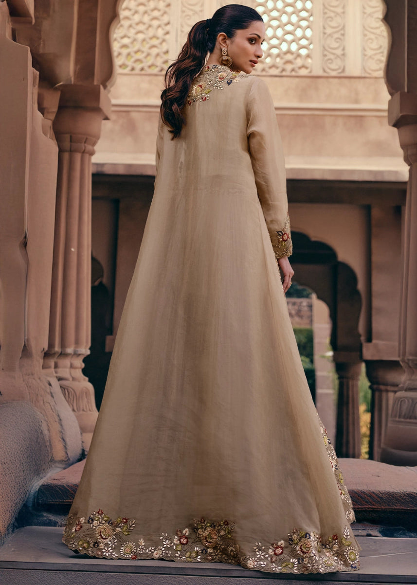 Beige Brown Chinon Silk Skirt and Top Set with Flowing Organza Jacket - House of Sarvati LLC
