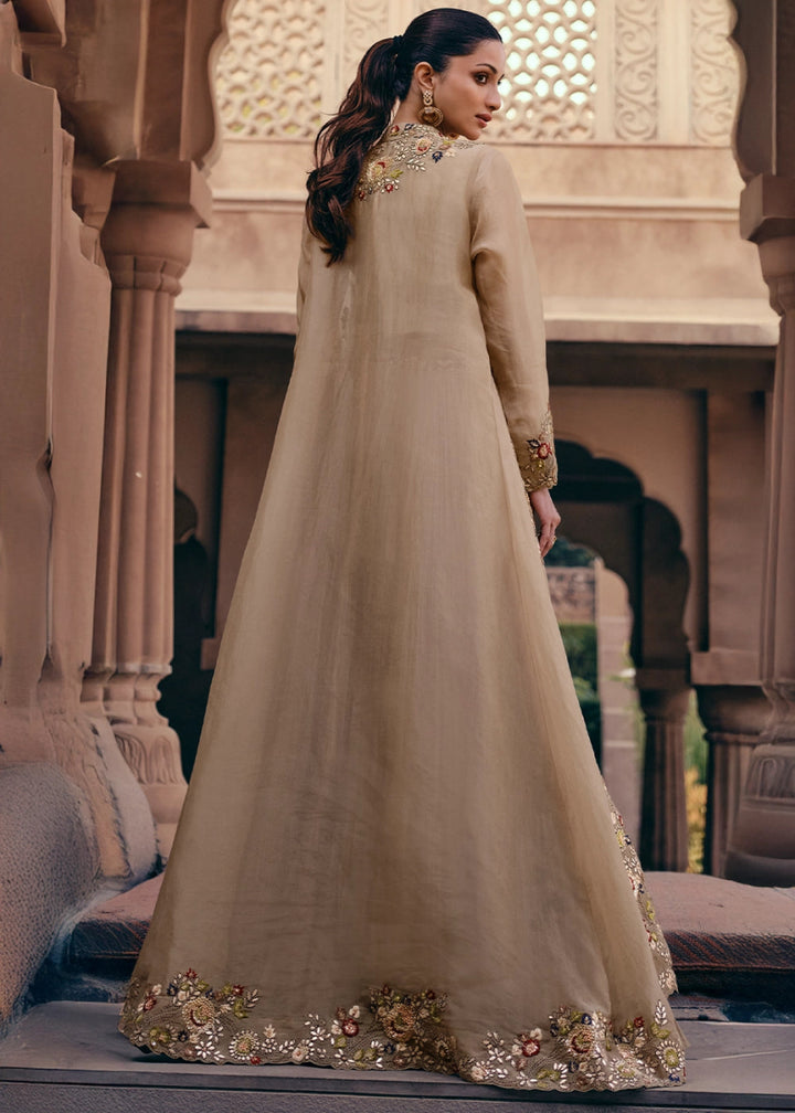 Beige Brown Chinon Silk Skirt and Top Set with Flowing Organza Jacket - House of Sarvati LLC