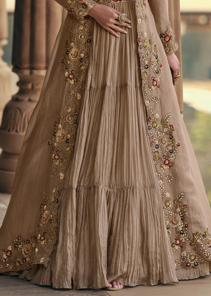 Beige Brown Chinon Silk Skirt and Top Set with Flowing Organza Jacket - House of Sarvati LLC