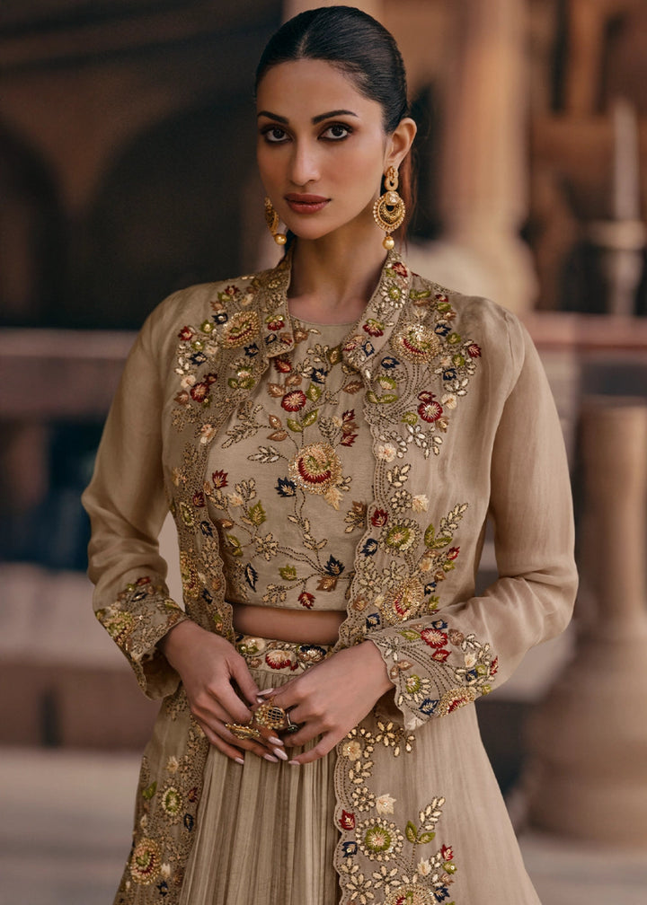Beige Brown Chinon Silk Skirt and Top Set with Flowing Organza Jacket - House of Sarvati LLC