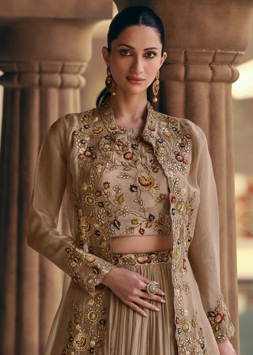 Beige Brown Chinon Silk Skirt and Top Set with Flowing Organza Jacket - House of Sarvati LLC