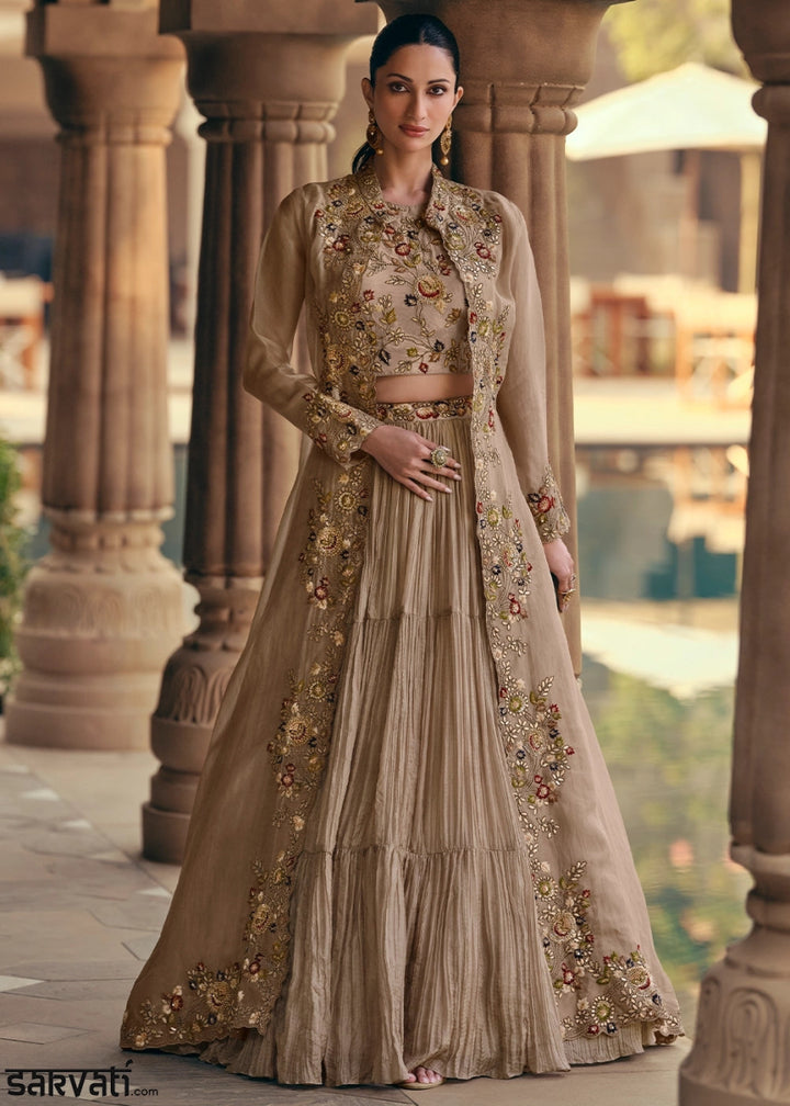 Beige Brown Chinon Silk Skirt and Top Set with Flowing Organza Jacket - House of Sarvati LLC