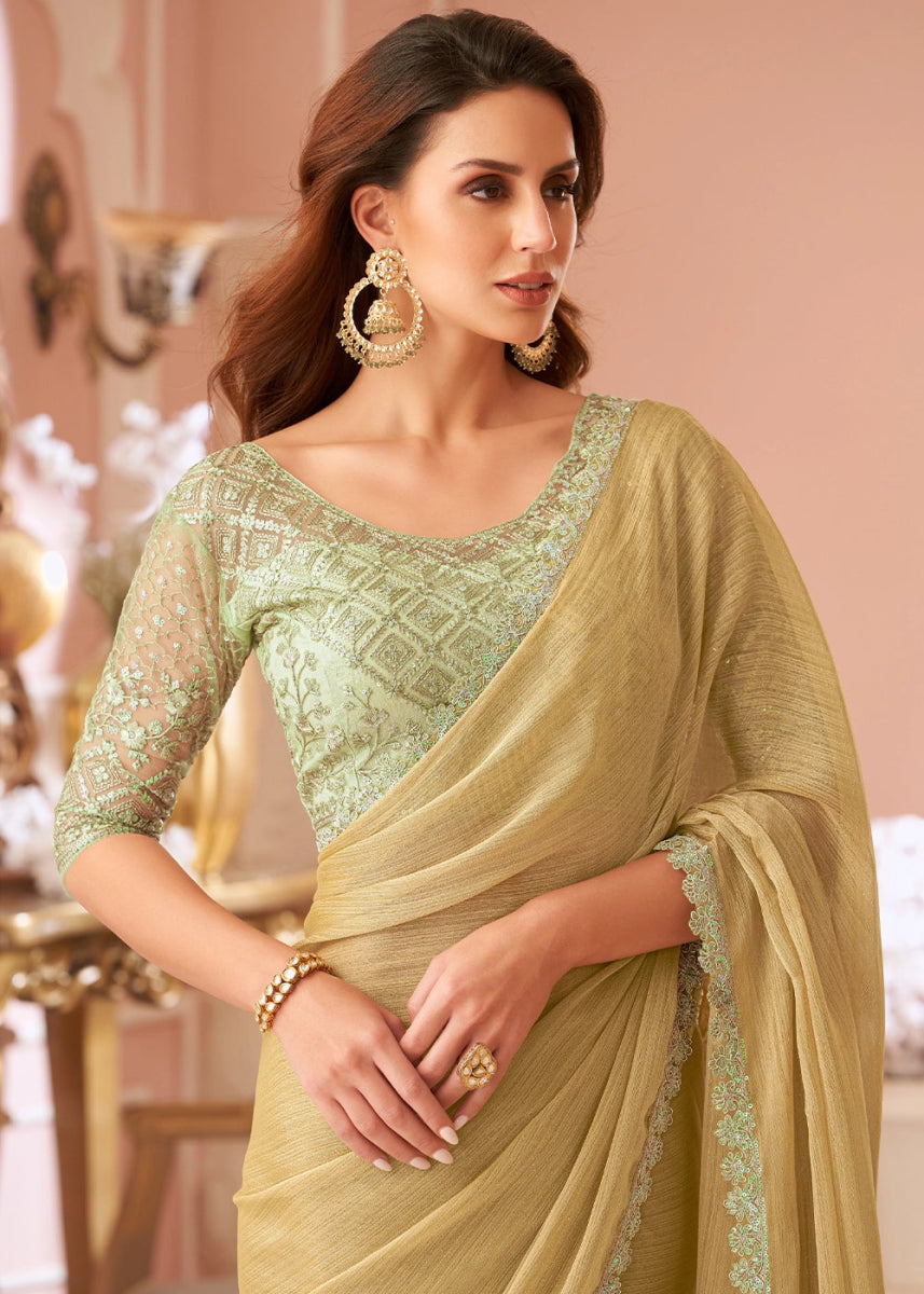 Beige Brown Embellished Georgette Saree with Designer Blouse - House of Sarvati LLC