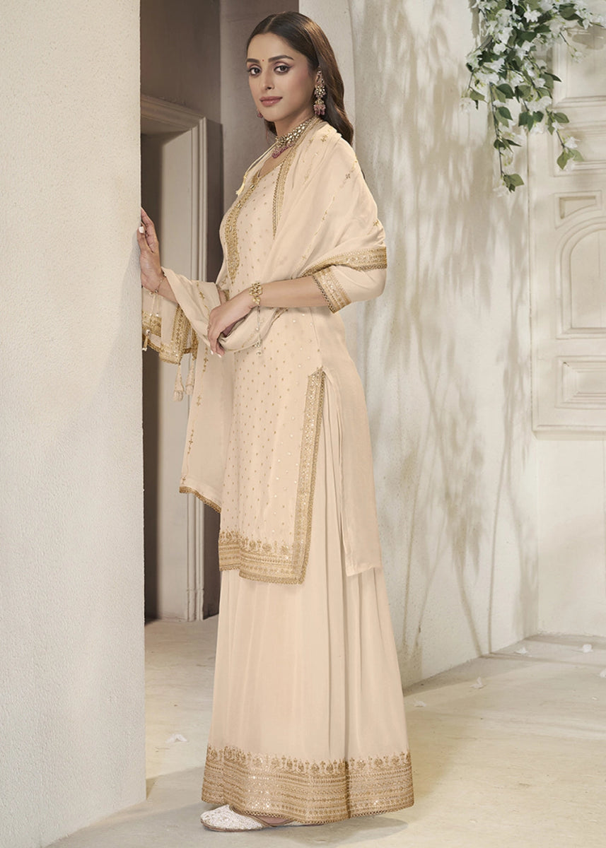 Beige Brown Embroidered Sharara Suit in Chinon Silk with Jacquard Buttis - House of Sarvati LLC