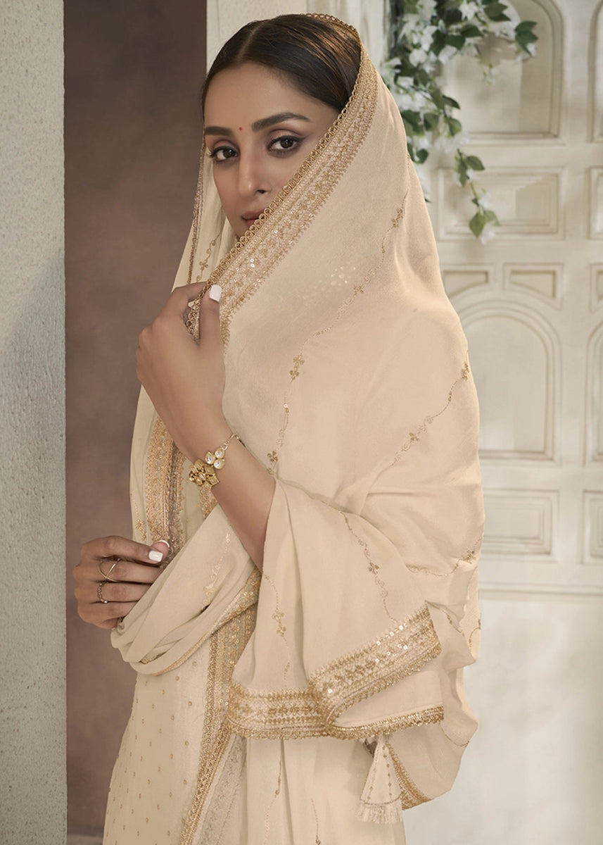 Beige Brown Embroidered Sharara Suit in Chinon Silk with Jacquard Buttis - House of Sarvati LLC