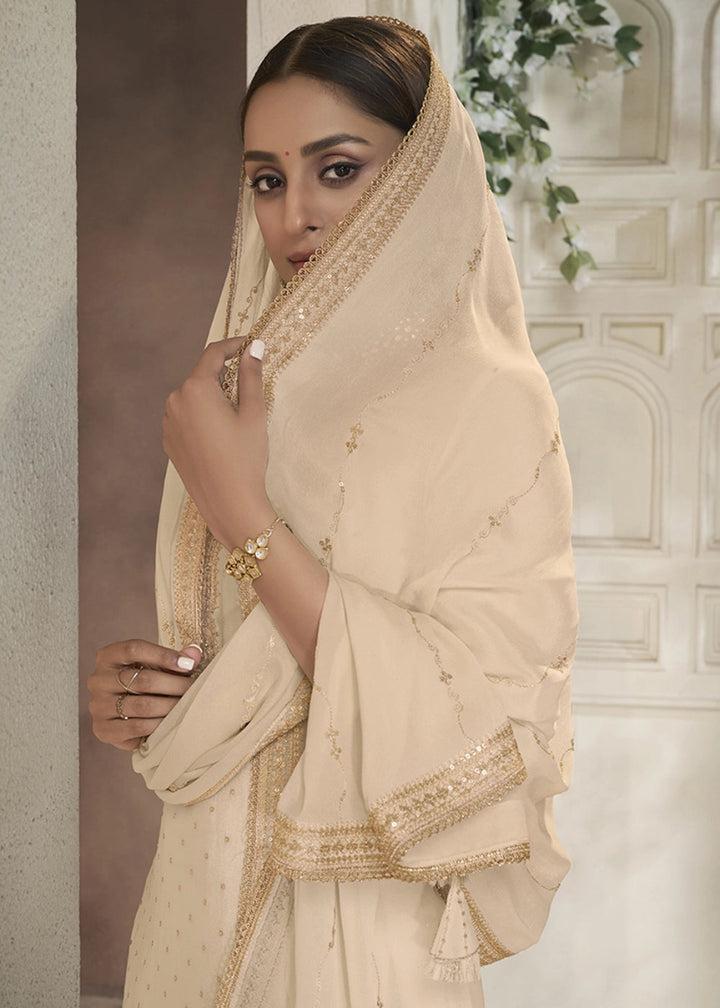 Beige Brown Embroidered Sharara Suit in Chinon Silk with Jacquard Buttis - House of Sarvati LLC