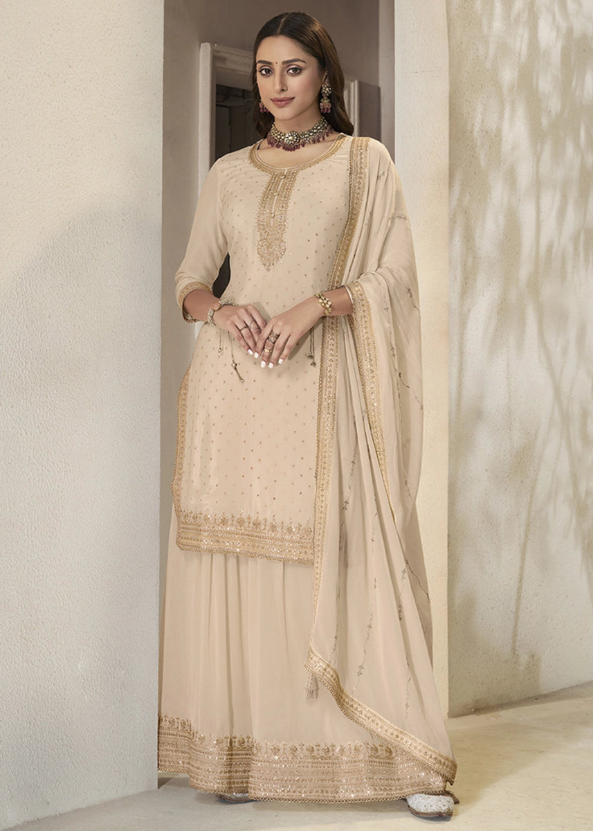 Beige Brown Embroidered Sharara Suit in Chinon Silk with Jacquard Buttis - House of Sarvati LLC
