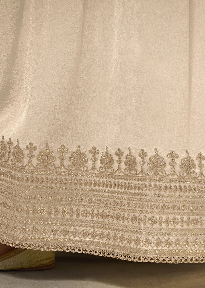 Beige Brown Embroidered Sharara Suit in Chinon Silk with Jacquard Buttis - House of Sarvati LLC