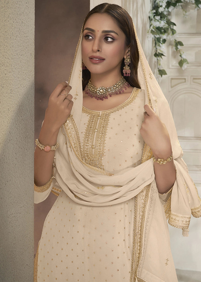 Beige Brown Embroidered Sharara Suit in Chinon Silk with Jacquard Buttis - House of Sarvati LLC