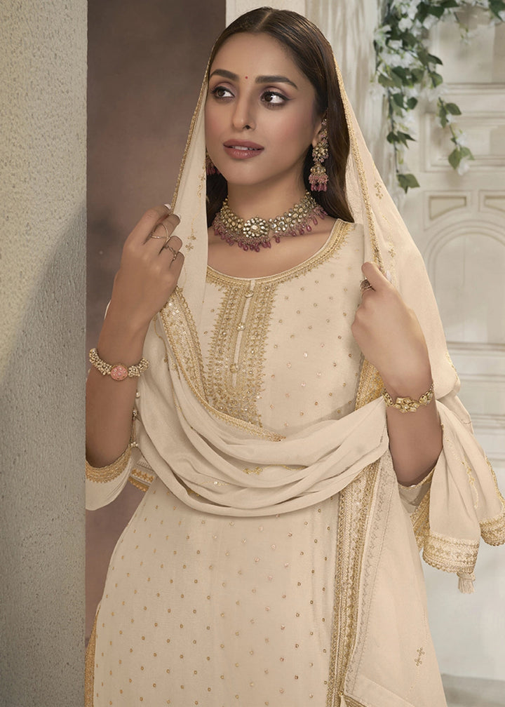 Beige Brown Embroidered Sharara Suit in Chinon Silk with Jacquard Buttis - House of Sarvati LLC