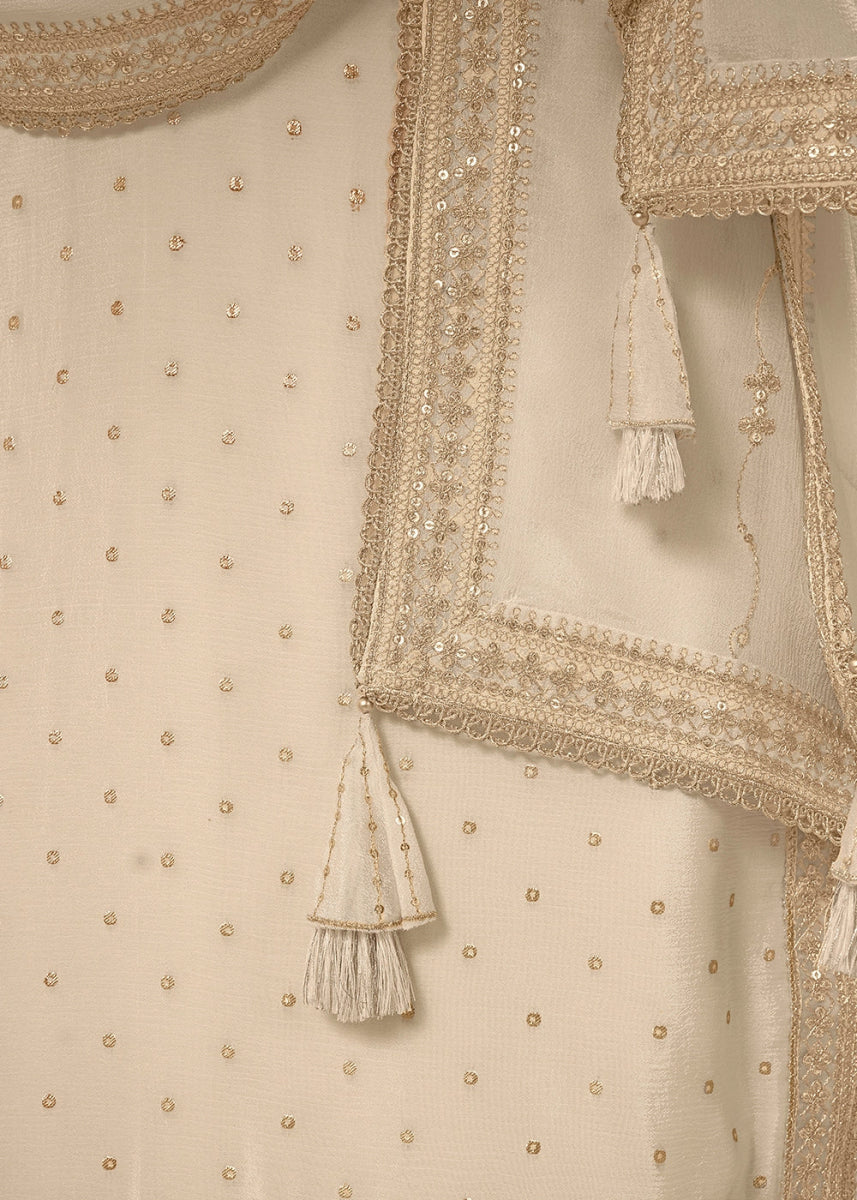 Beige Brown Embroidered Sharara Suit in Chinon Silk with Jacquard Buttis - House of Sarvati LLC