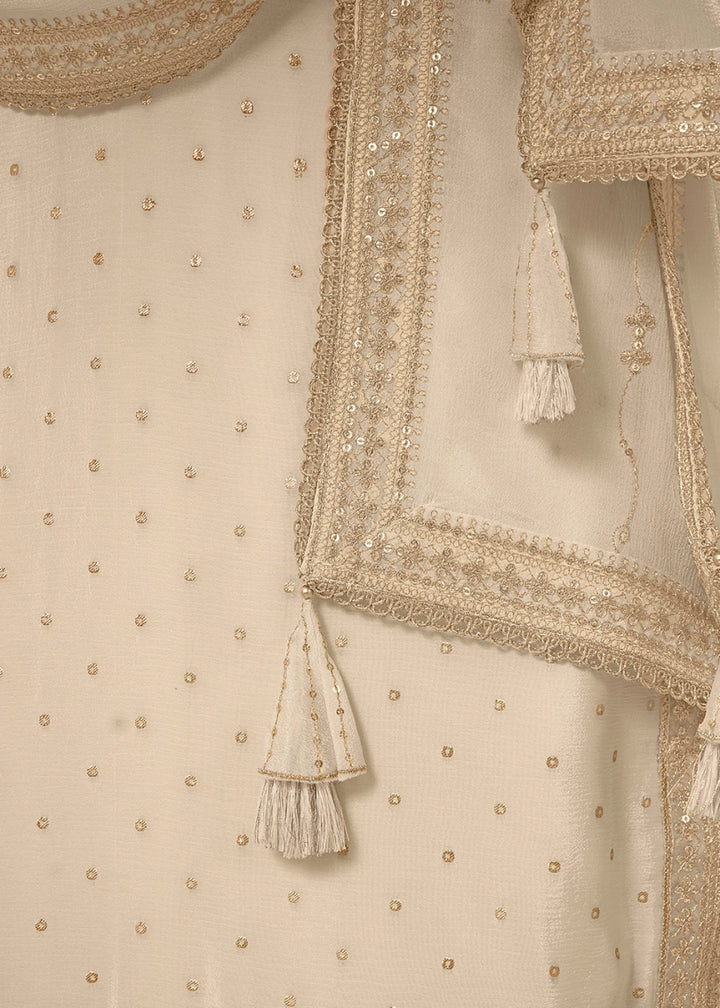 Beige Brown Embroidered Sharara Suit in Chinon Silk with Jacquard Buttis - House of Sarvati LLC