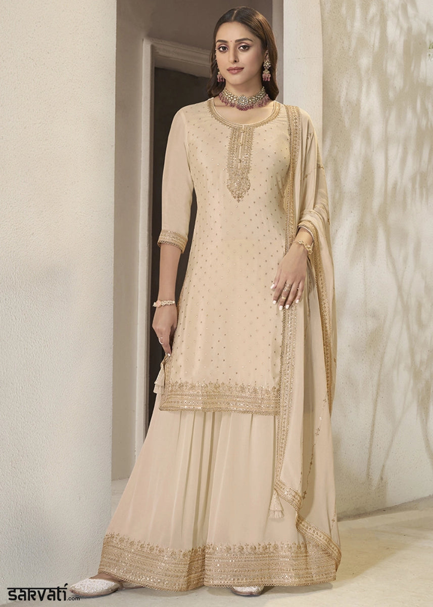 Beige Brown Embroidered Sharara Suit in Chinon Silk with Jacquard Buttis - House of Sarvati LLC