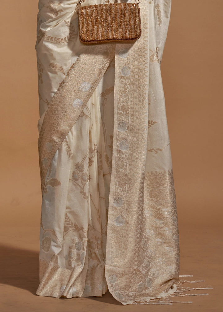 Beige Brown Georgette Silk Saree Embellished with Floral Zari Work - House of Sarvati LLC