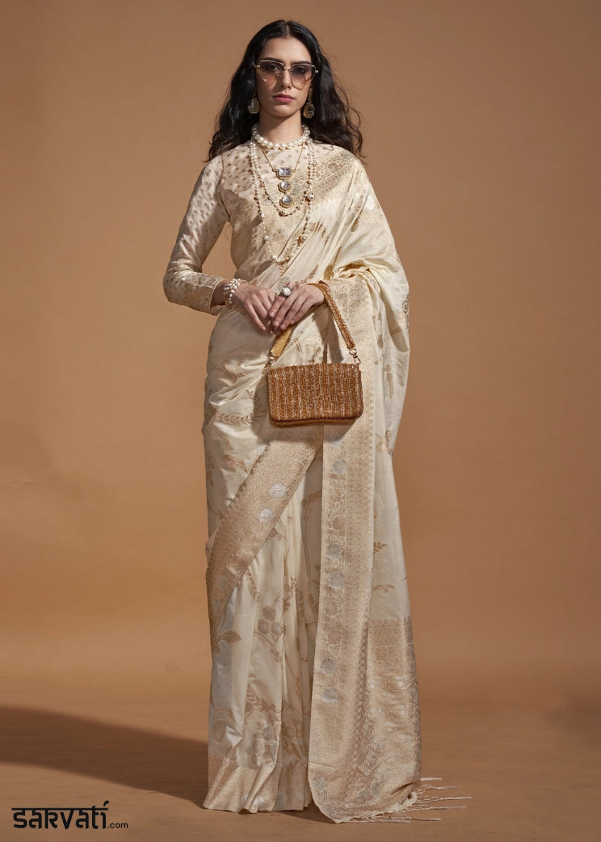 Beige Brown Georgette Silk Saree Embellished with Floral Zari Work - House of Sarvati LLC