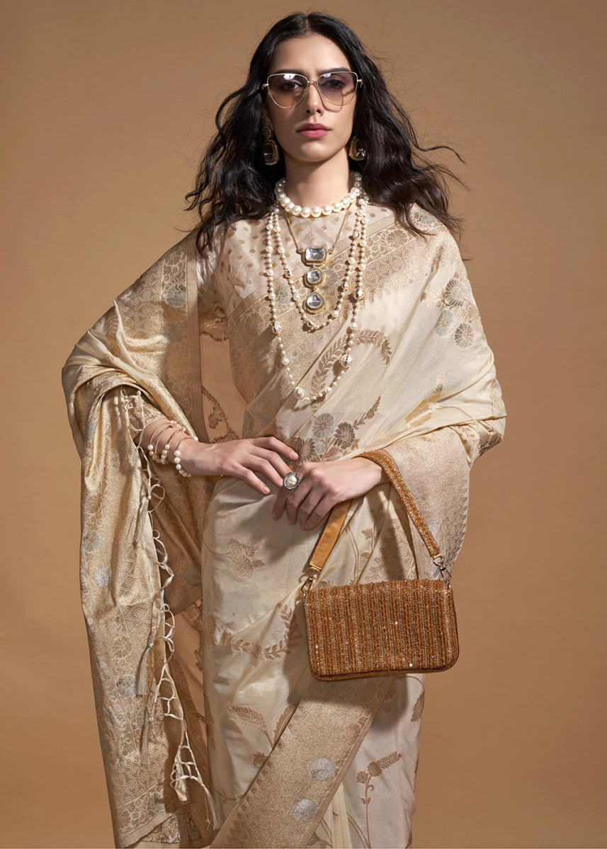 Beige Brown Georgette Silk Saree Embellished with Floral Zari Work - House of Sarvati LLC