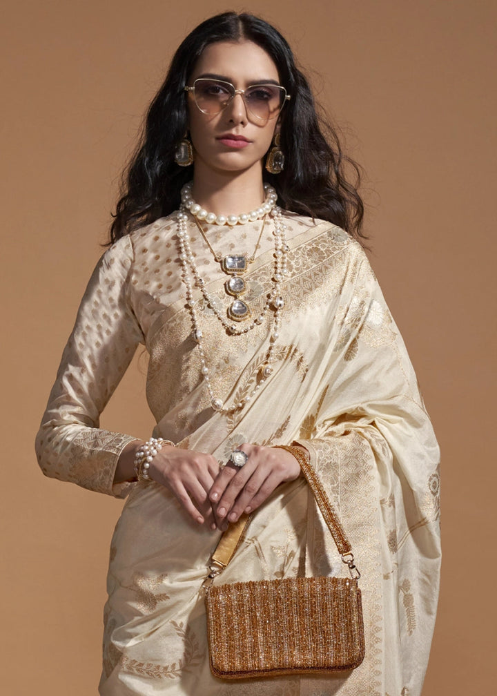 Beige Brown Georgette Silk Saree Embellished with Floral Zari Work - House of Sarvati LLC