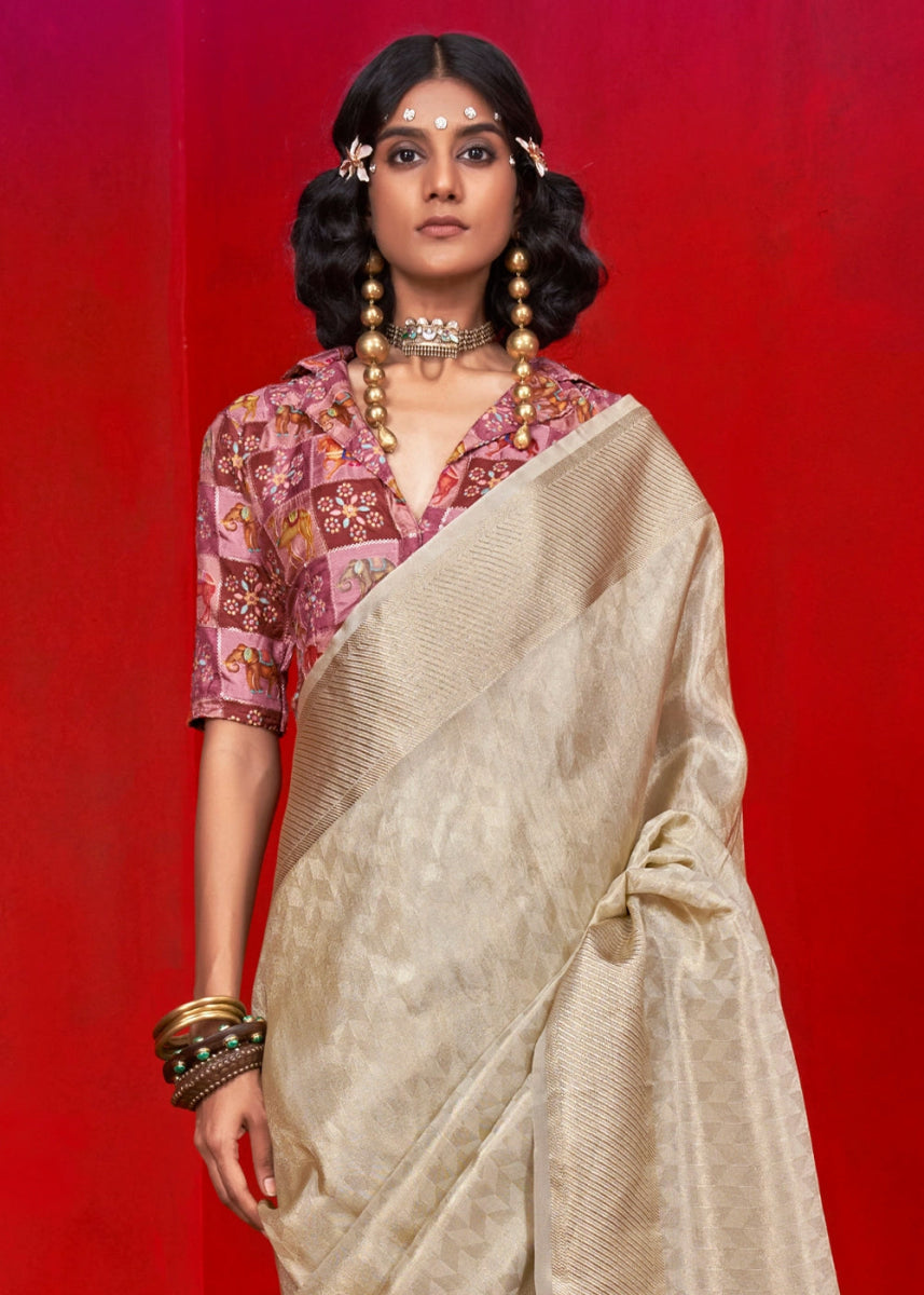 Beige Brown Handloom Tissue Silk Saree with Intricate Border Weaving - House of Sarvati LLC