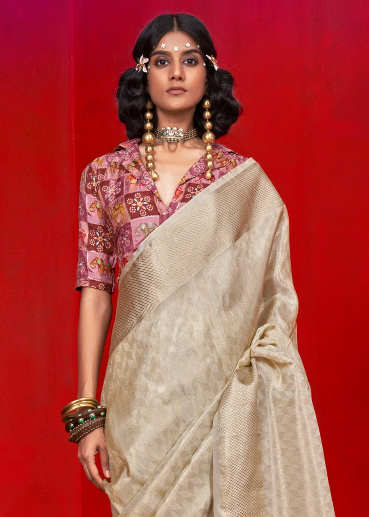 Beige Brown Handloom Tissue Silk Saree with Intricate Border Weaving - House of Sarvati LLC