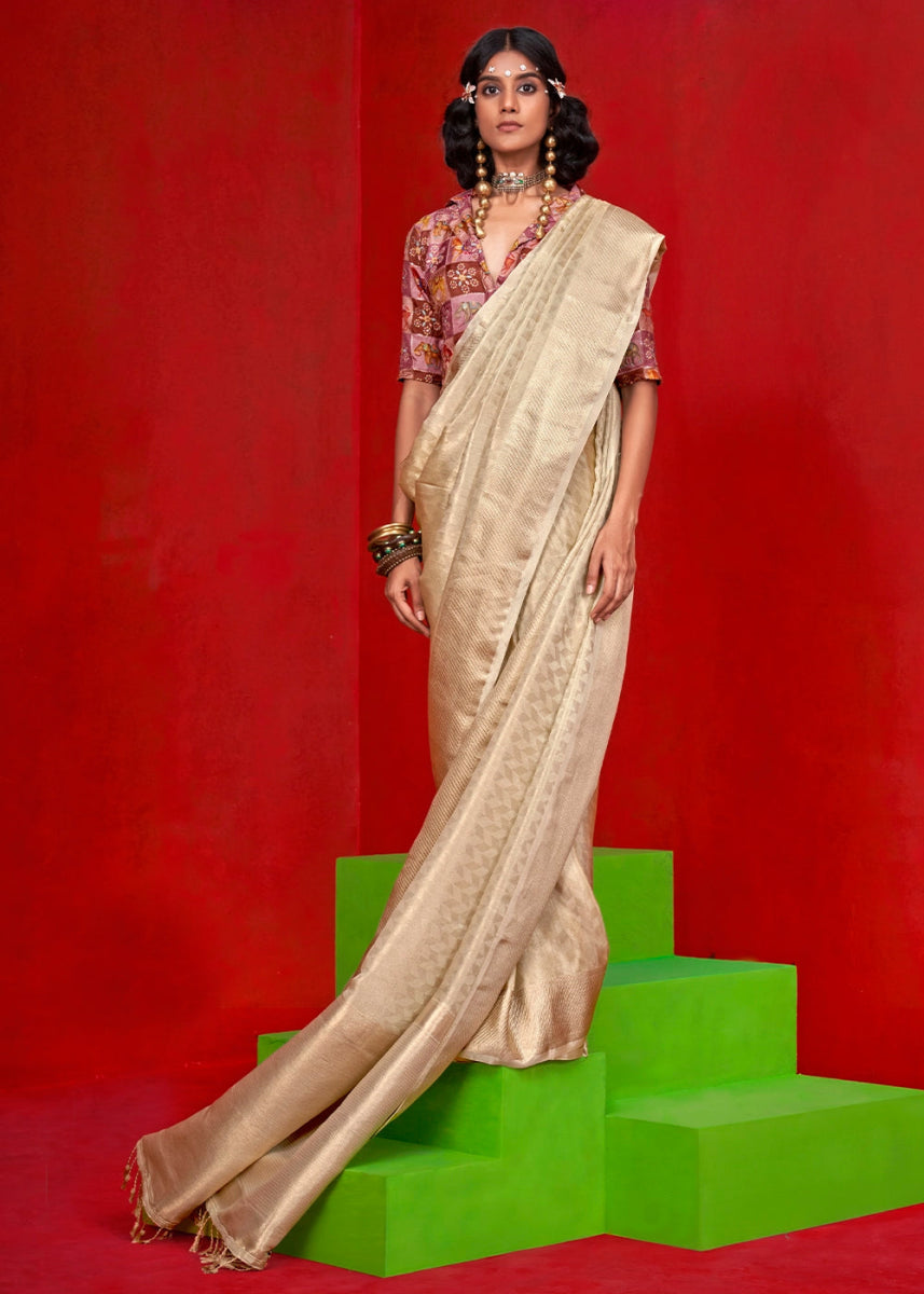 Beige Brown Handloom Tissue Silk Saree with Intricate Border Weaving - House of Sarvati LLC