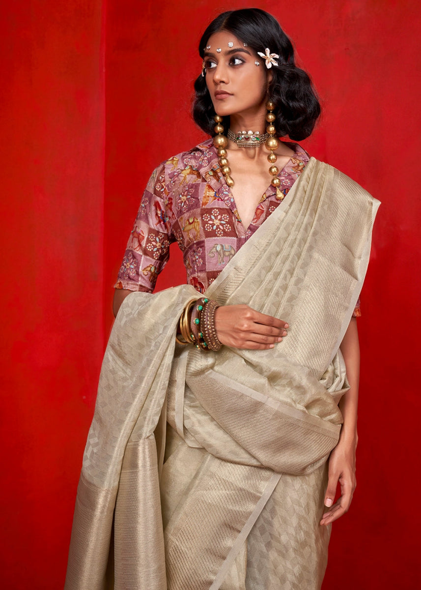 Beige Brown Handloom Tissue Silk Saree with Intricate Border Weaving - House of Sarvati LLC