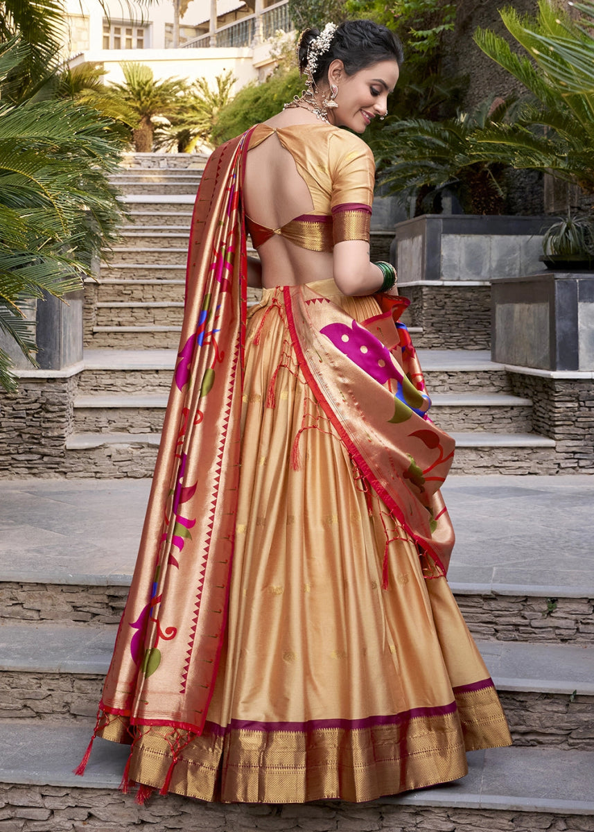Beige Brown Silk Lehenga Choli Featuring Paithani Jacquard Weaving - House of Sarvati LLC