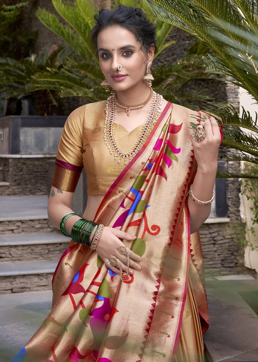 Beige Brown Silk Lehenga Choli Featuring Paithani Jacquard Weaving - House of Sarvati LLC