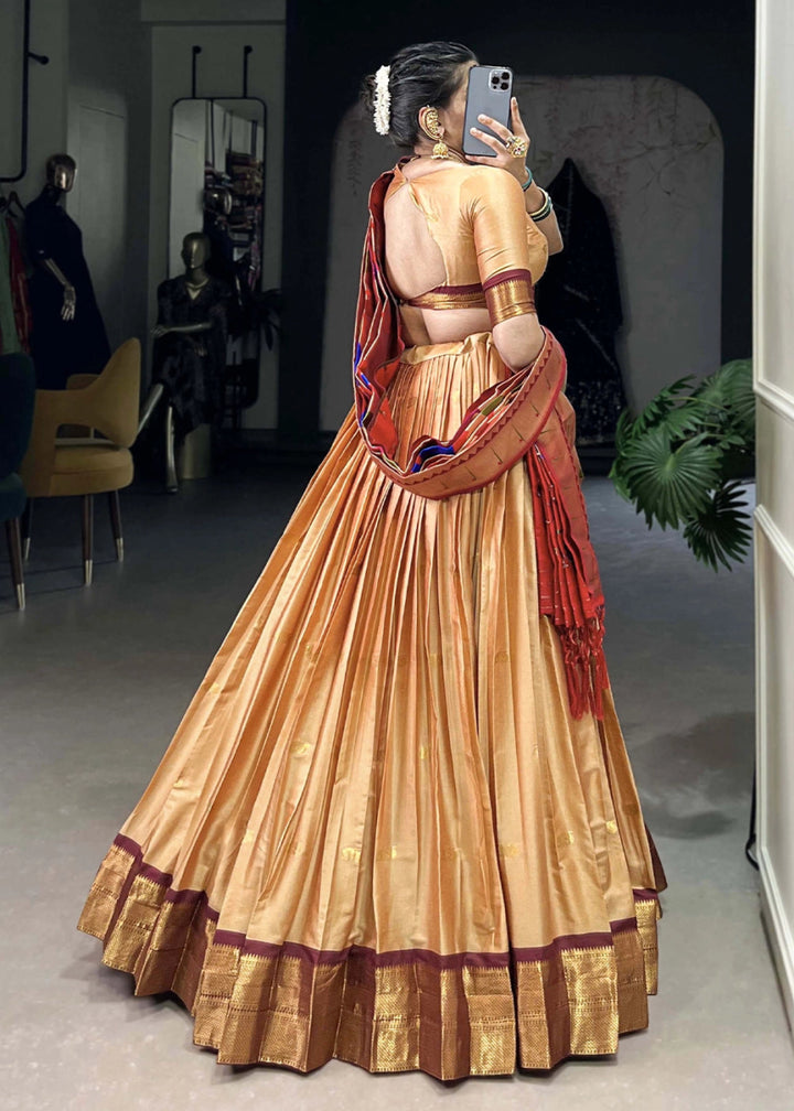 Beige Brown Silk Lehenga Choli Featuring Paithani Jacquard Weaving - House of Sarvati LLC