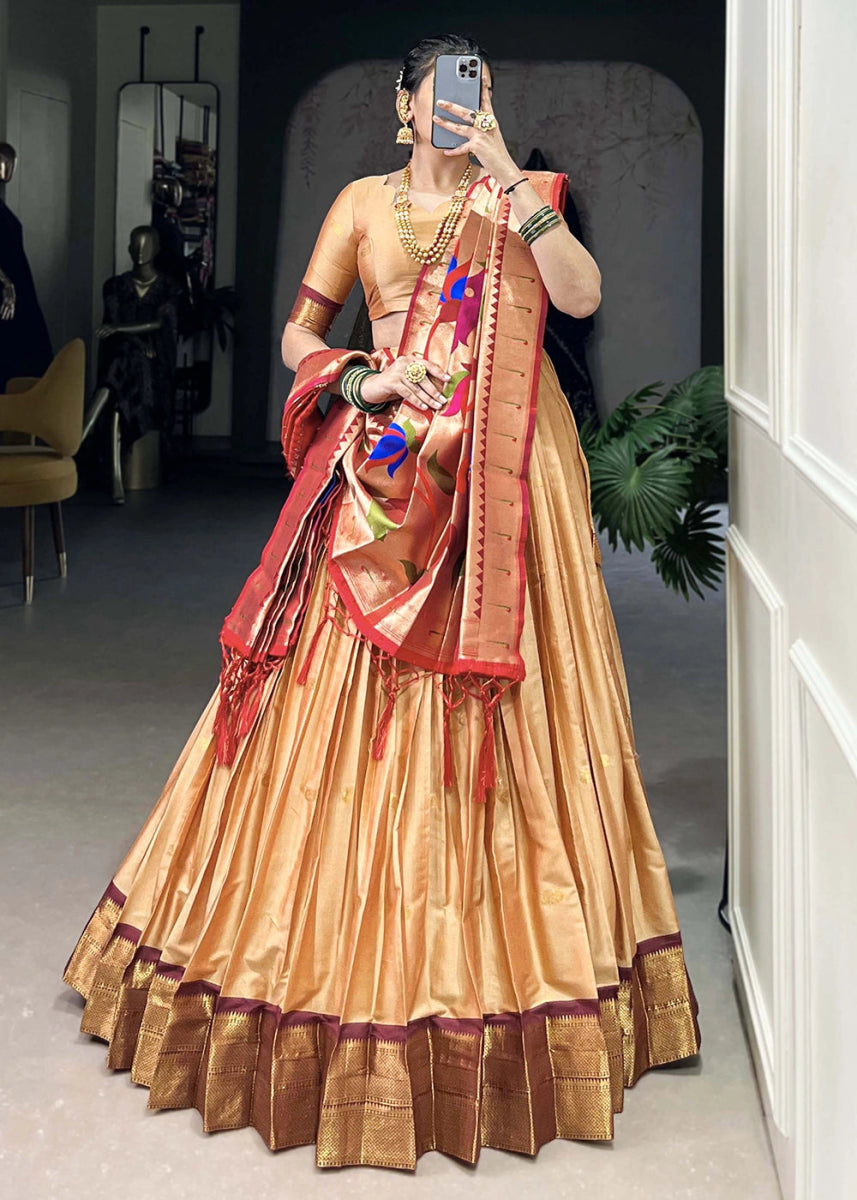 Beige Brown Silk Lehenga Choli Featuring Paithani Jacquard Weaving - House of Sarvati LLC