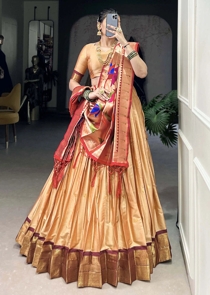Beige Brown Silk Lehenga Choli Featuring Paithani Jacquard Weaving - House of Sarvati LLC