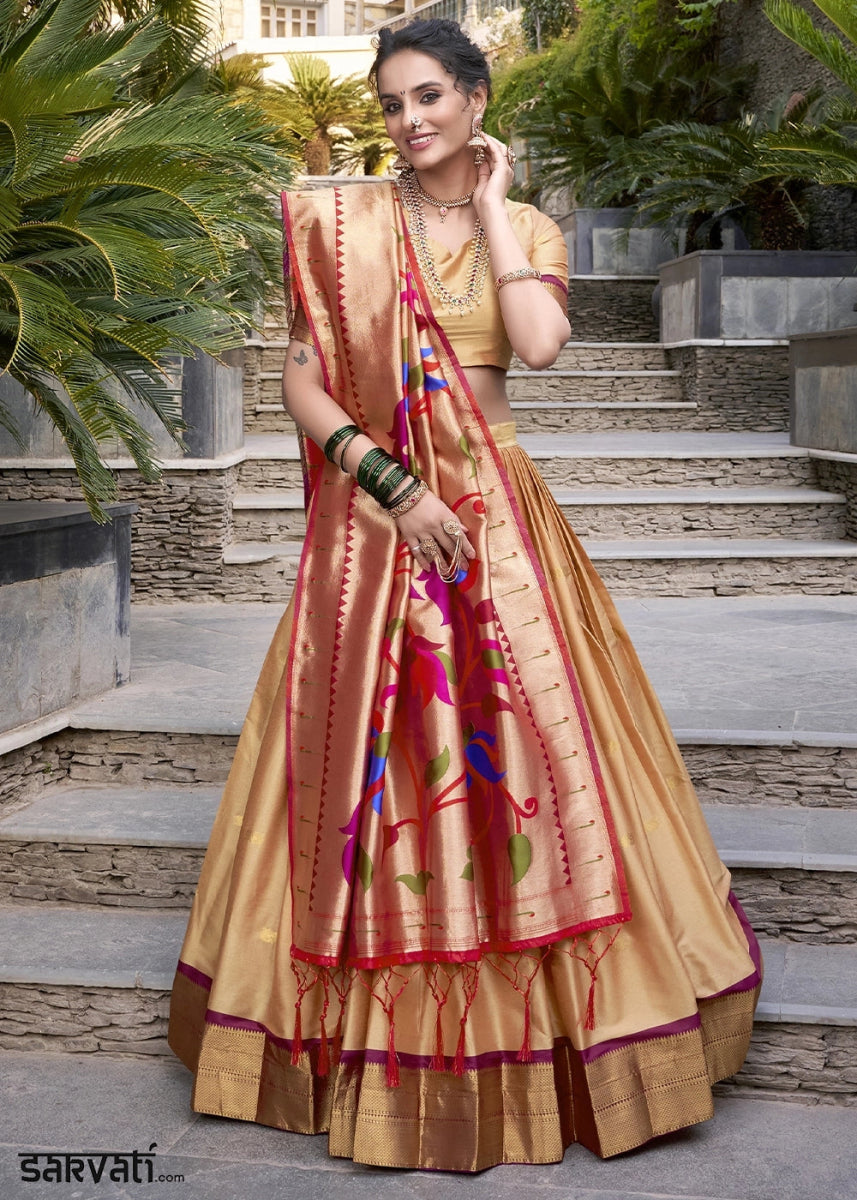 Beige Brown Silk Lehenga Choli Featuring Paithani Jacquard Weaving - House of Sarvati LLC