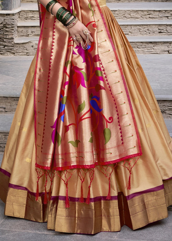 Beige Brown Silk Lehenga Choli Featuring Paithani Jacquard Weaving - House of Sarvati LLC