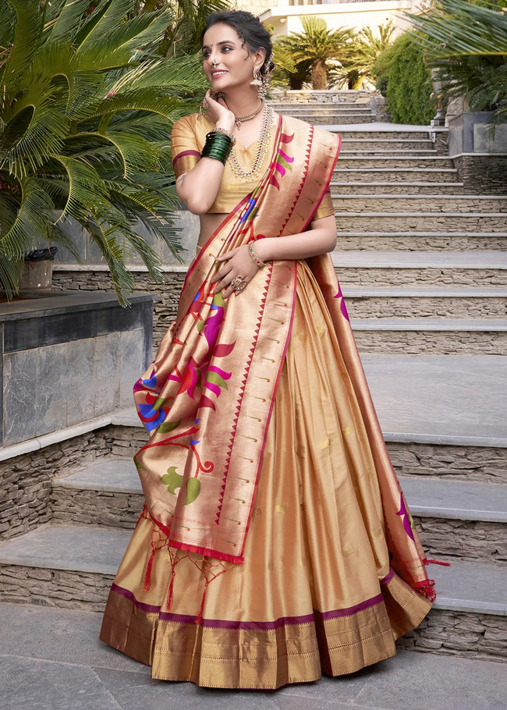 Beige Brown Silk Lehenga Choli Featuring Paithani Jacquard Weaving - House of Sarvati LLC