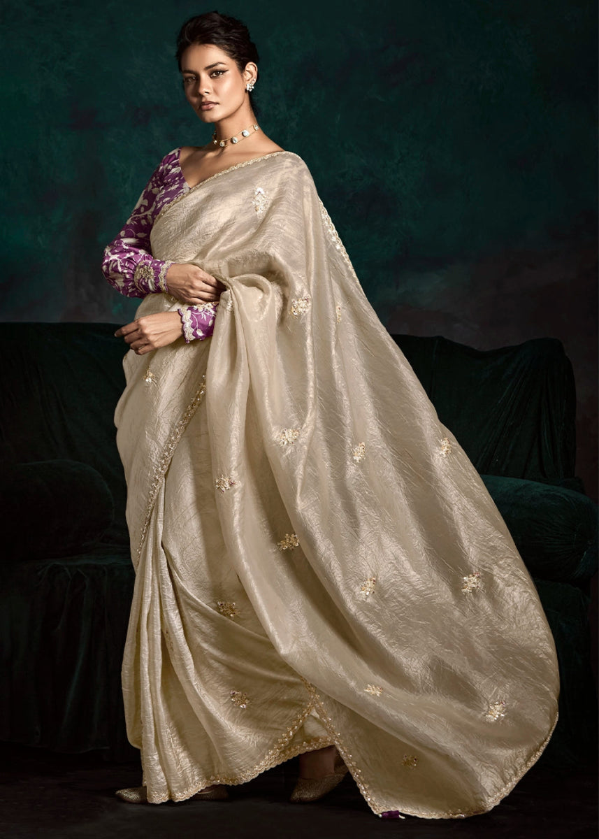 Beige Brown Tissue Saree with Dhaga,Thread & Sequin Embellishments - House of Sarvati LLC