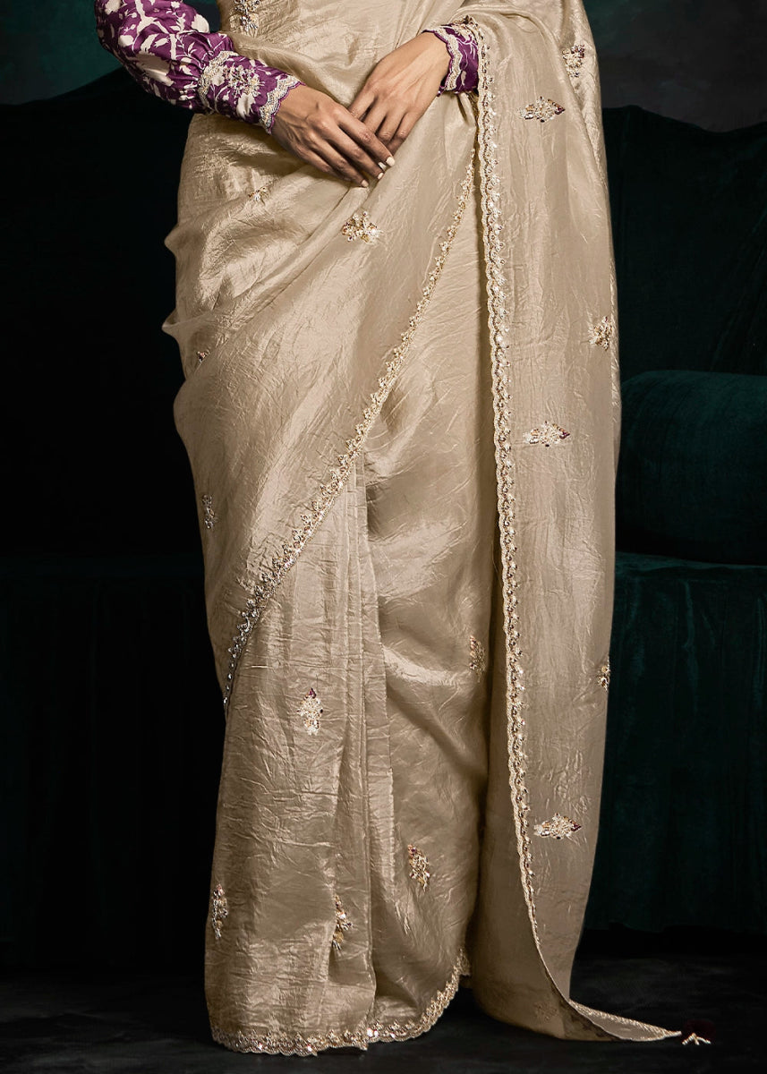Beige Brown Tissue Saree with Dhaga,Thread & Sequin Embellishments - House of Sarvati LLC